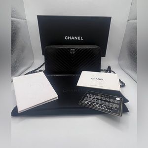 Authentic Chanel Lambskin Long Wallet Crossbody Bag